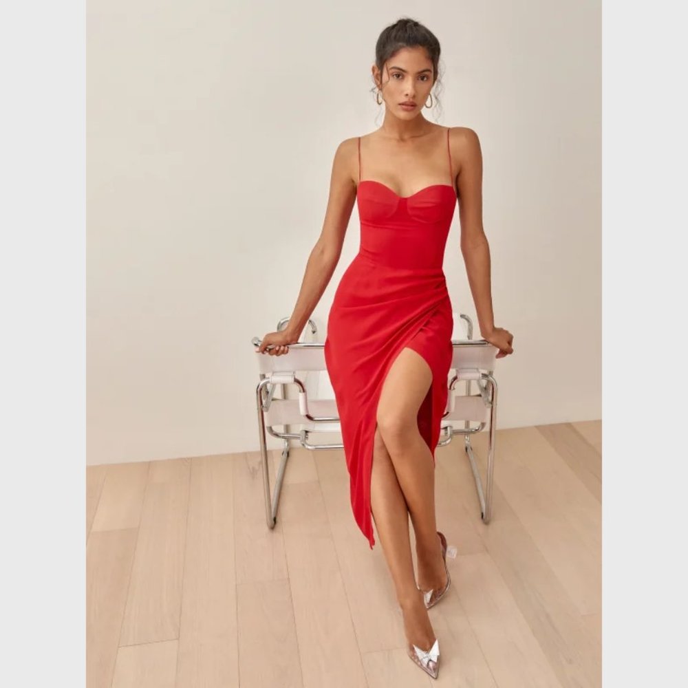 Reformation Petites Kourtney Dress in Cherry Red Pink Sleeveless Midi